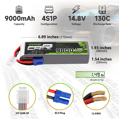 OVONIC 4S 9000mAh 14.8V LiPo battery specs and size diagram with EC5 plug, JST-XHR-5P and 12 AWG