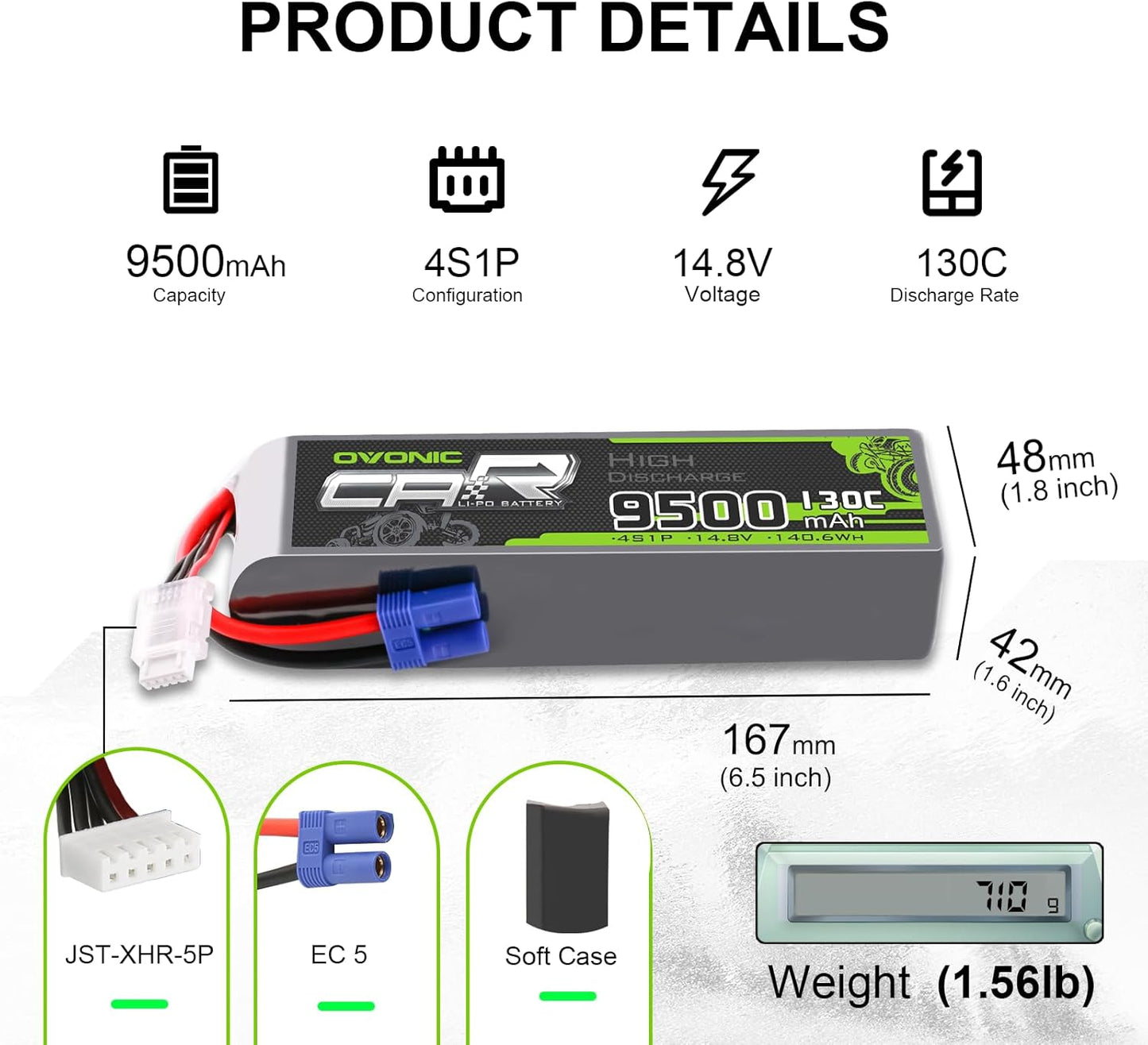 Product details graphic showing 9500mAh 4S1P 14.8V 130C, dimensions, weight, EC5 and JST-XHR connectors