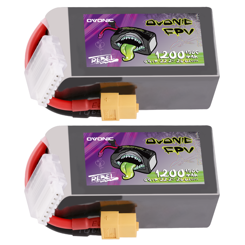 2-pack Ovonic Rebel 2.0 6S 1200mAh 150C 22.2V FPV LiPo batteries with XT60 and balance lead