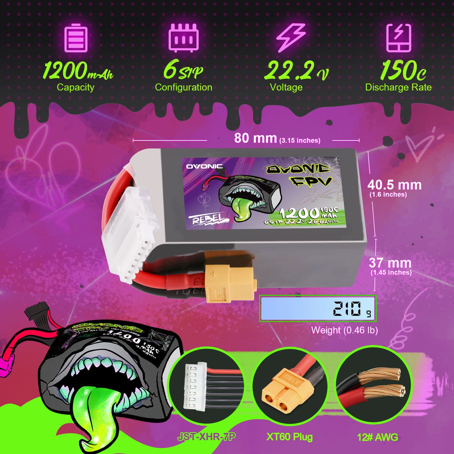 Battery size and weight diagram with XT60 plug, JST-XHR-7P balance lead, and 12AWG wire (80×40.5×37mm)