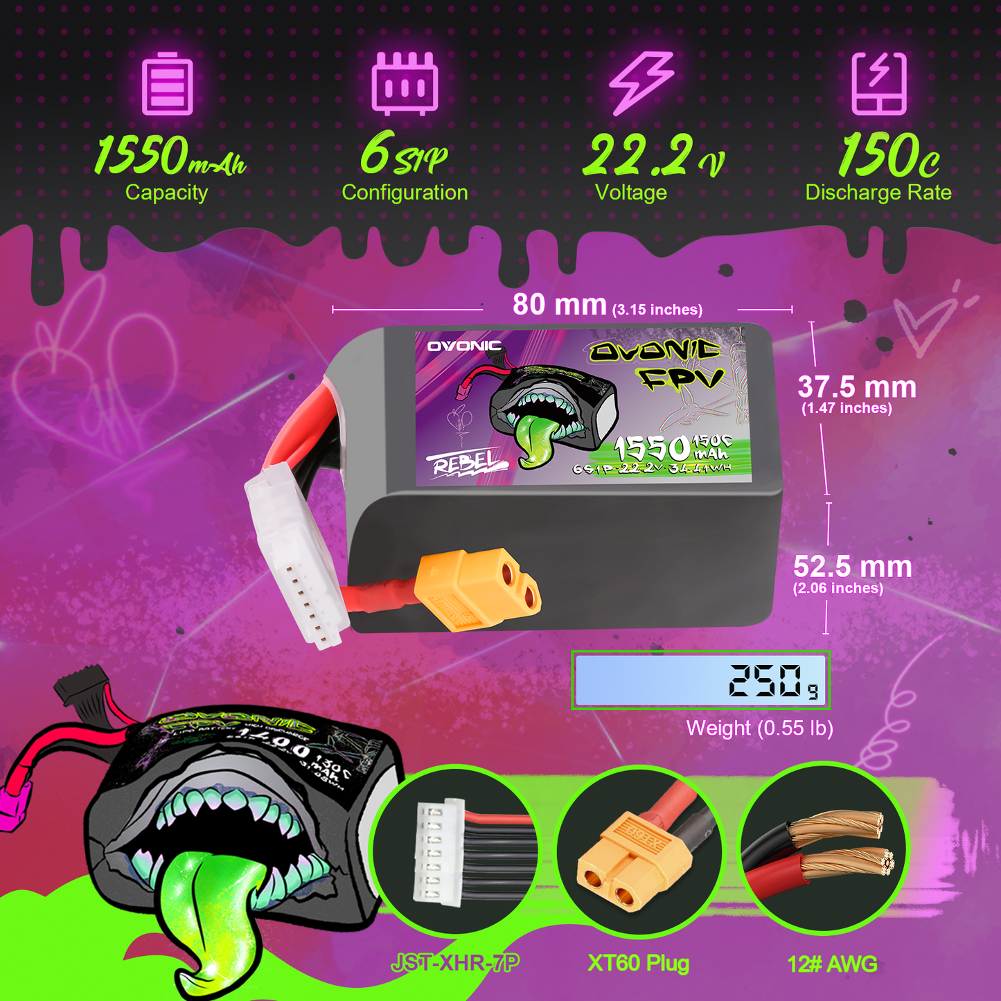 Ovonic Rebel 6S 1550mAh LiPo size and specs graphic: 80×37.5×52.5mm, 250g, XT60, JST-XHR-7P, 12AWG