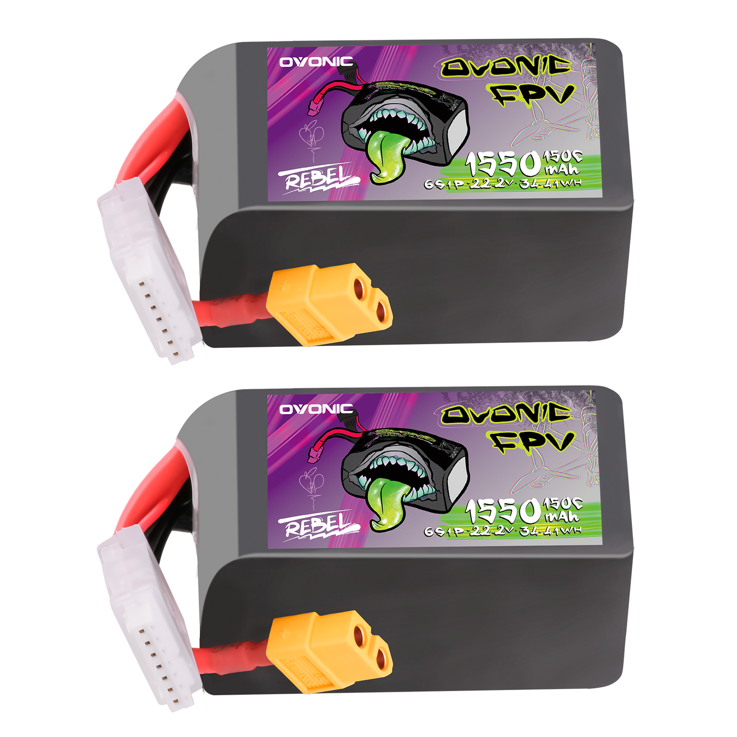 2-pack Ovonic Rebel 2.0 6S 1550mAh 150C 22.2V FPV LiPo batteries with XT60 and balance lead