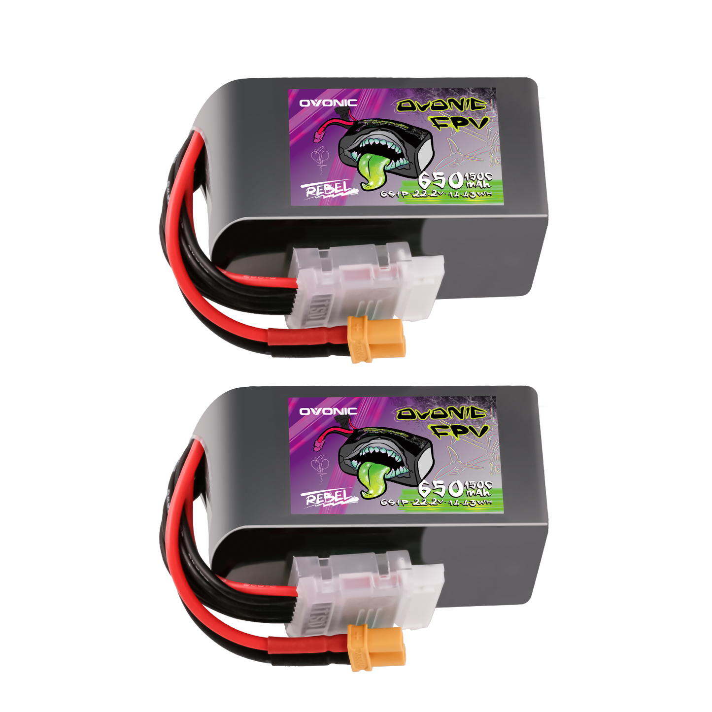 2-pack Ovonic Rebel 2.0 6S 650mAh 150C 22.2V LiPo batteries with XT30 plug and balance lead
