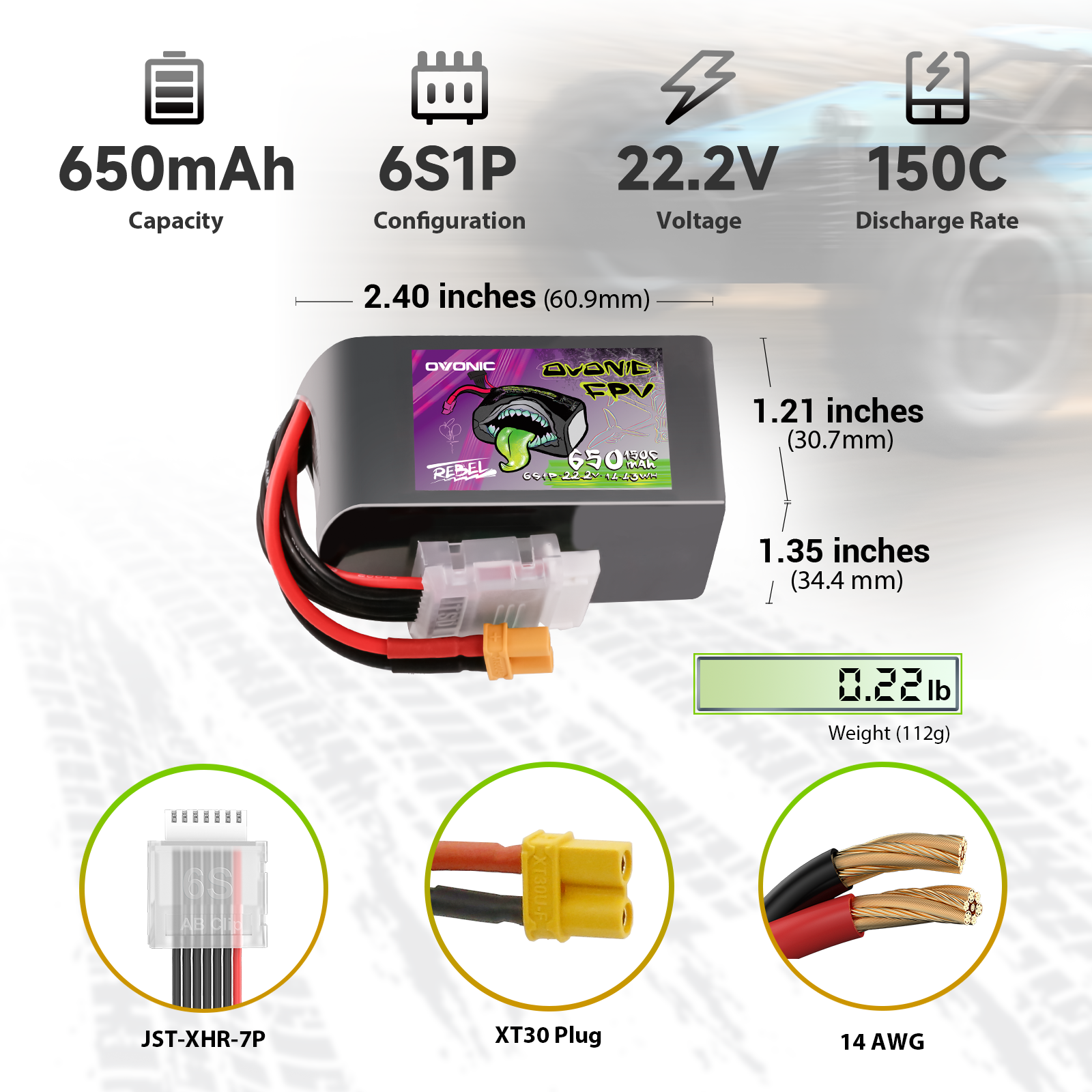 Ovonic Rebel 2.0 6S 650mAh LiPo specs: 22.2V 150C, size 2.40x1.35x1.21in, 112g, XT30, JST-XHR-7P