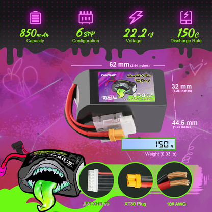850mAh 6S 22.2V 150C Ovonic Rebel LiPo battery size and weight infographic with XT30 plug and 18AWG wire