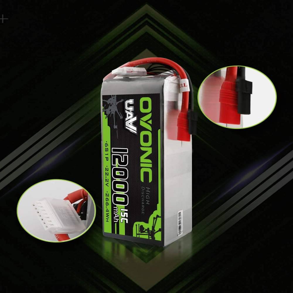 AS150 discharge connector and JST-XHR balance plug details shown with Ovonic 12000mAh 6S LiPo pack
