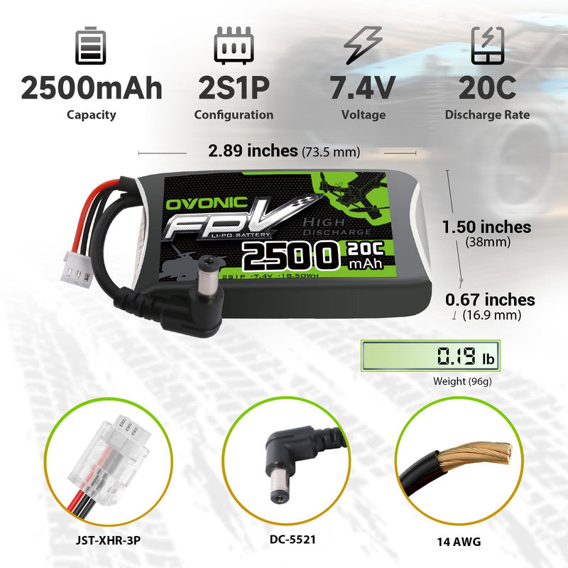 OVONIC 7.4V 20C 2500mAh 2S Lipo Battery with DC-5521 Plug
