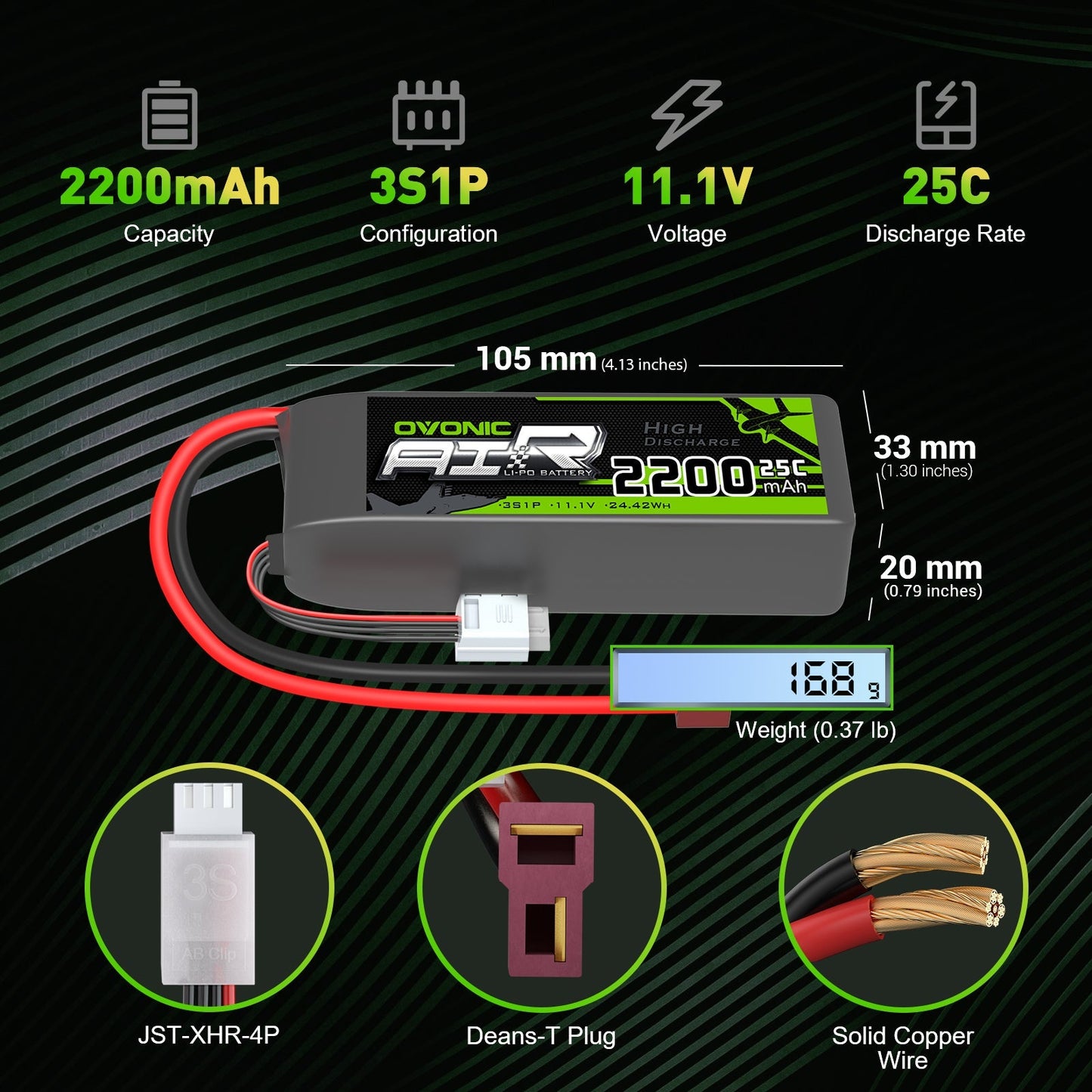 OVONIC 3S 2200mAh LiPo dimensions and weight infographic with Deans T plug and JST-XHR balance connector