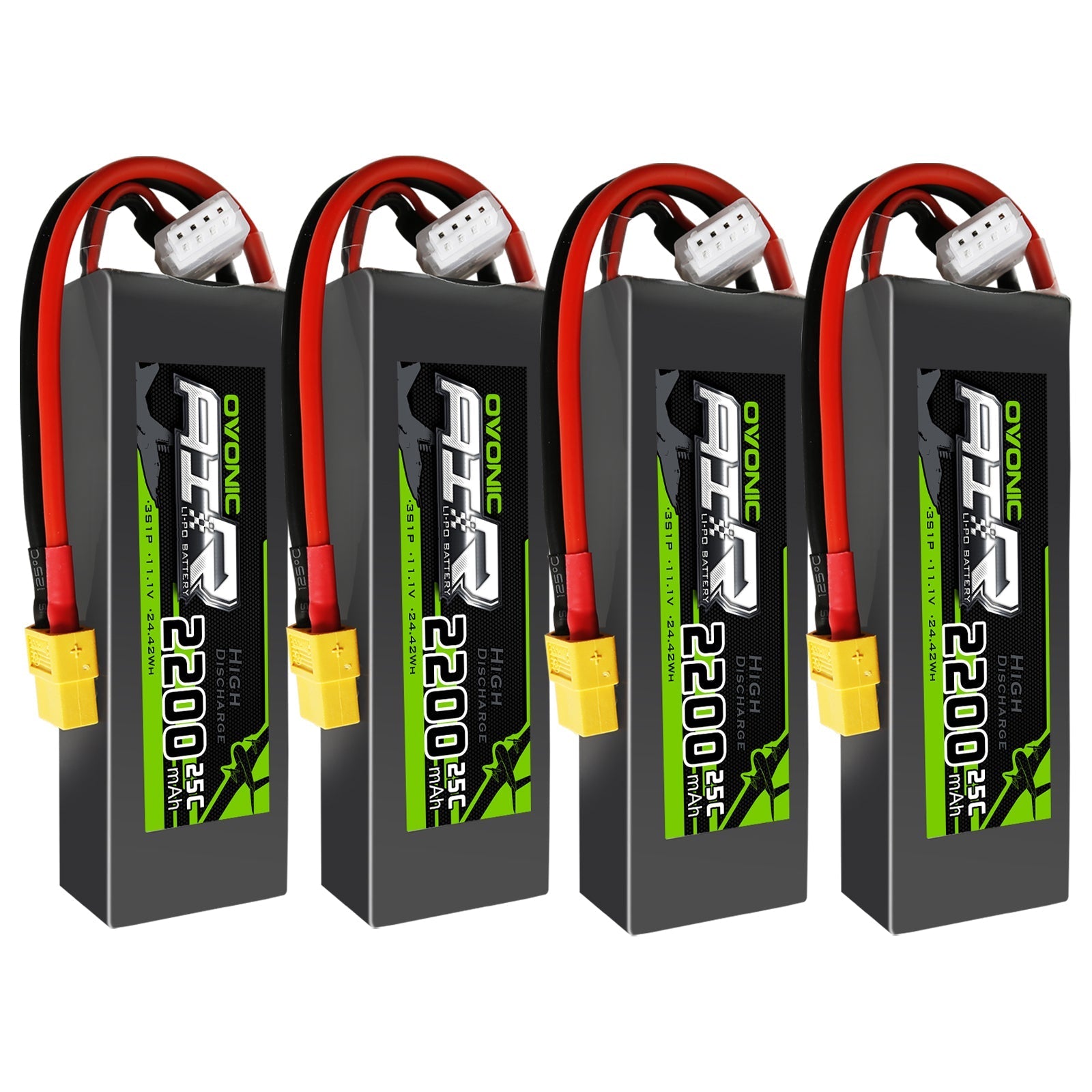 4-pack Ovonic 2200mAh 3S1P 11.1V 25C LiPo batteries with XT60 plug and balance lead