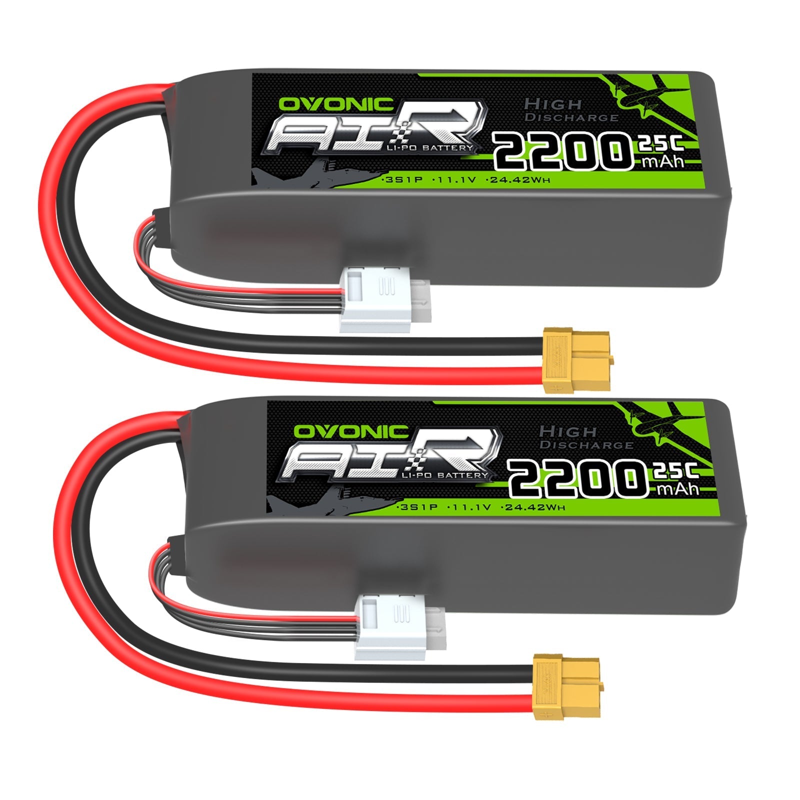 2× Ovonic 3S 2200mAh 25C 11.1V LiPo Battery set with XT60 plug and JST-XHR balance leads
