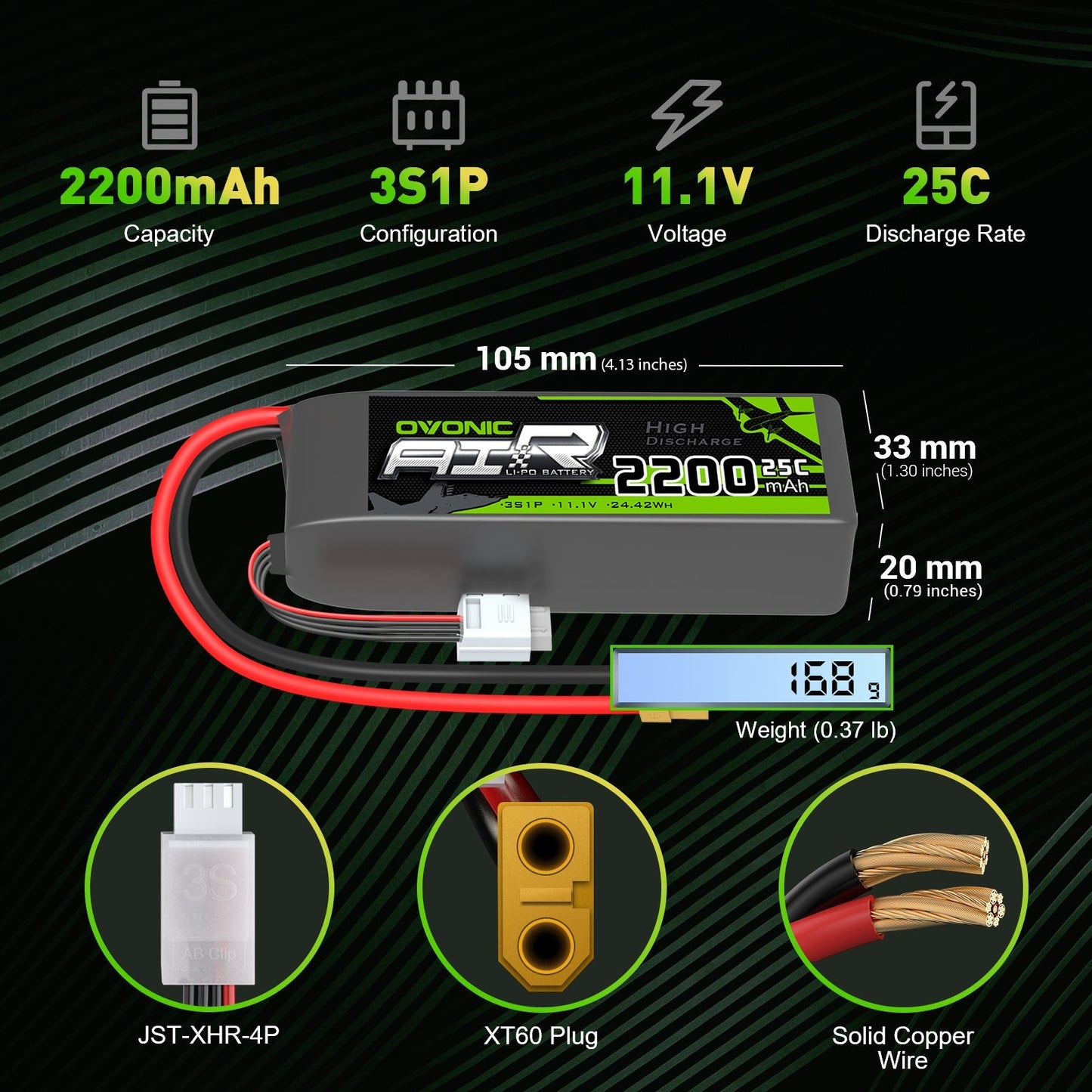 Ovonic 2200mAh 3S1P 11.1V 25C LiPo battery dimensions 105×33×20mm, 168g, XT60 and JST-XHR-4P