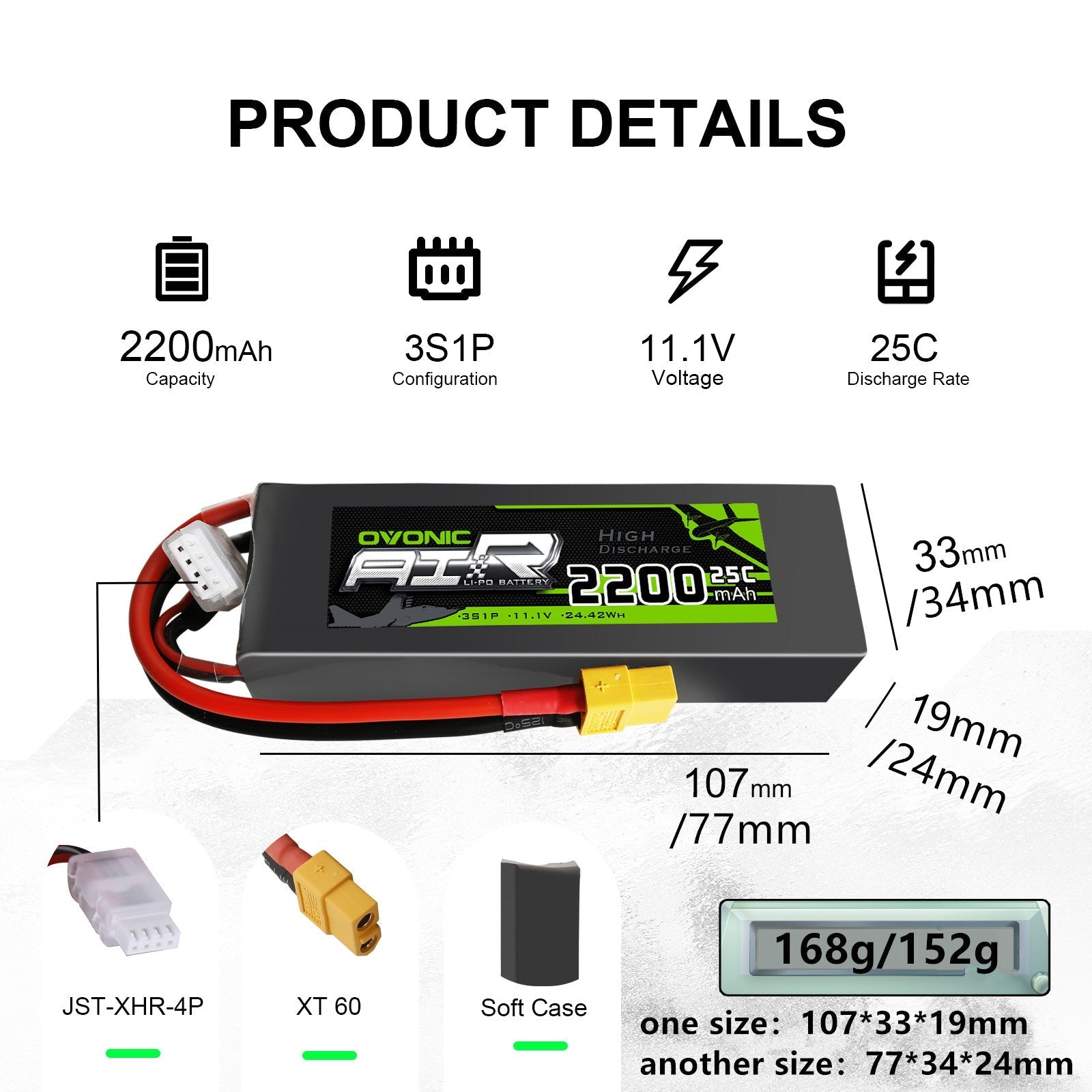 Product details chart showing 2200mAh 3S1P 11.1V 25C specs, dimensions, weight, XT60 and JST-XHR-4P