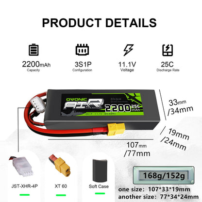Product details chart showing 2200mAh 3S1P 11.1V 25C specs, dimensions, weight, XT60 and JST-XHR-4P