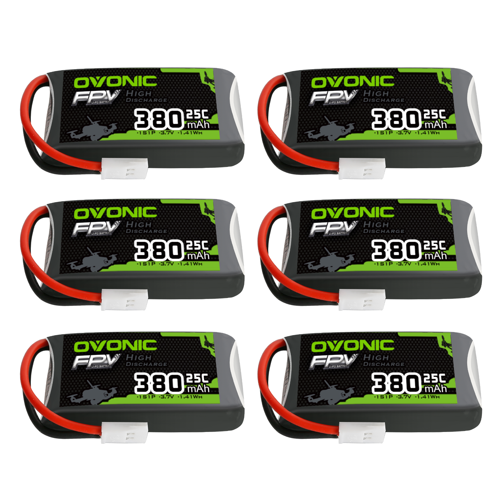 OVONIC 3.7V 380mAh 1S 25C LiPo Battery 6-pack, labeled cells with Molex plug leads
