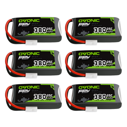 OVONIC 3.7V 380mAh 1S 25C LiPo Battery 6-pack, labeled cells with Molex plug leads
