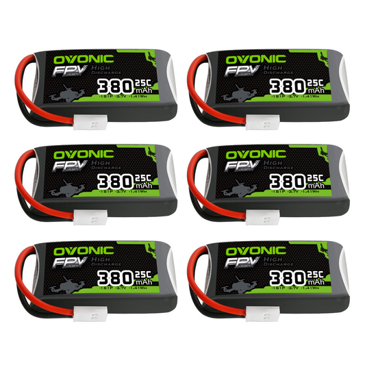 OVONIC 3.7V 380mAh 1S 25C LiPo Battery 6-pack, labeled cells with Molex plug leads