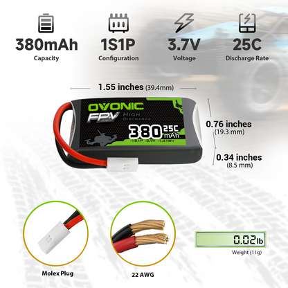 380mAh 1S1P 3.7V 25C LiPo battery size chart with dimensions, 22AWG wire and Molex plug detail