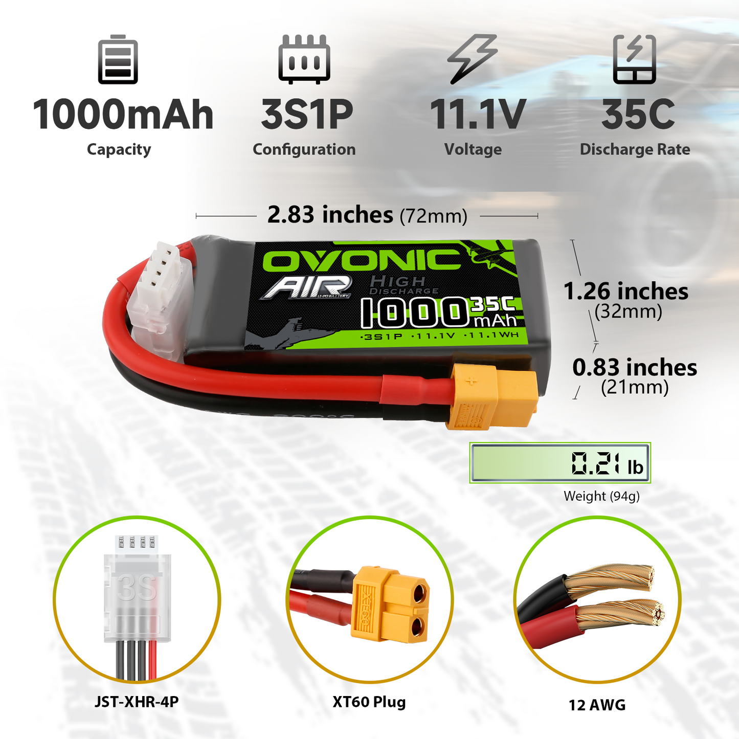 Ovonic 1000mAh 3S 11.1V 35C LiPo battery size and weight chart with XT60 plug and 12 AWG wire