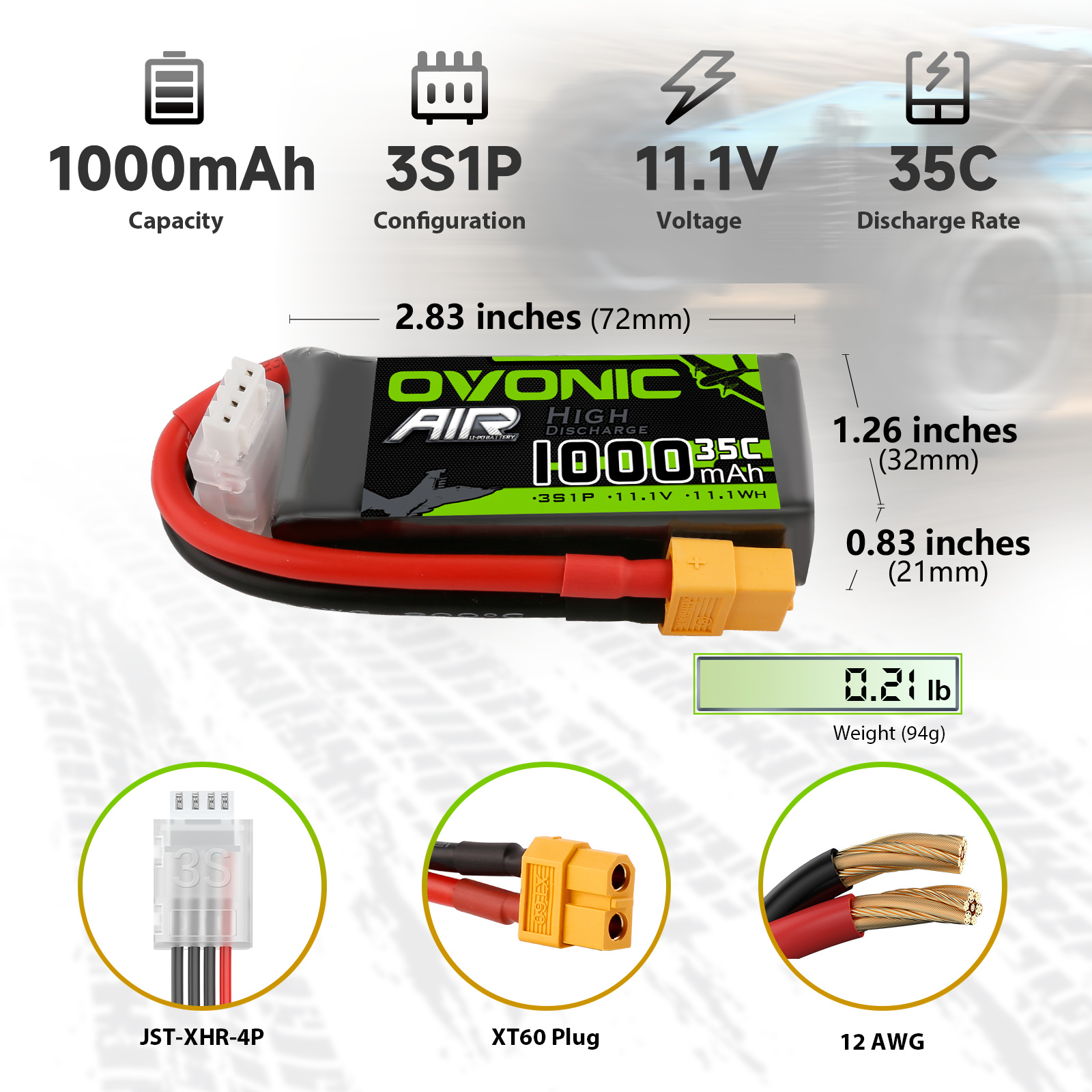 Ovonic 1000mAh 3S 11.1V 35C LiPo battery size and weight chart with XT60 plug and 12 AWG wire