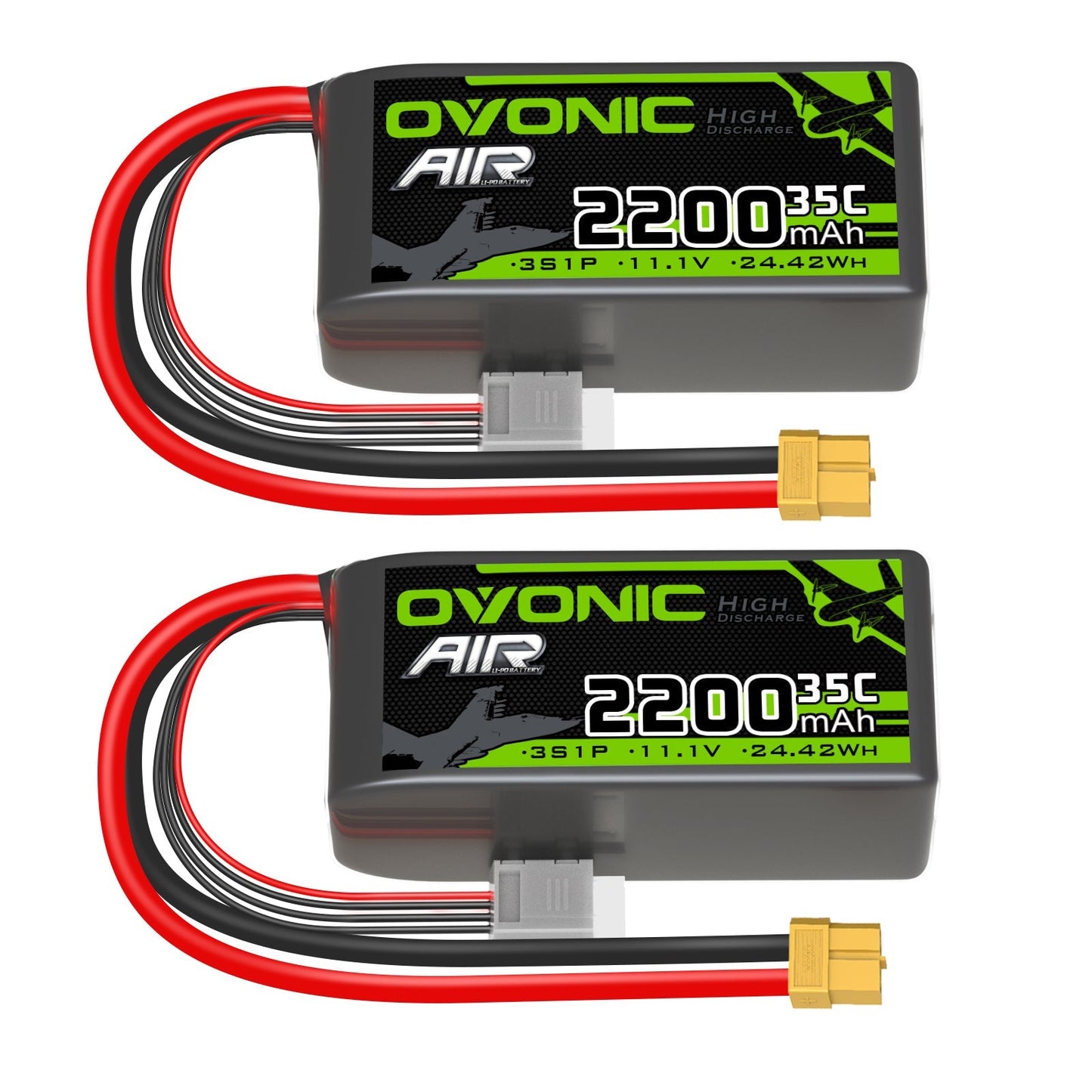 2× OVONIC 2200mAh 3S 35C 11.1V LiPo battery pack set with XT60 plug and balance lead