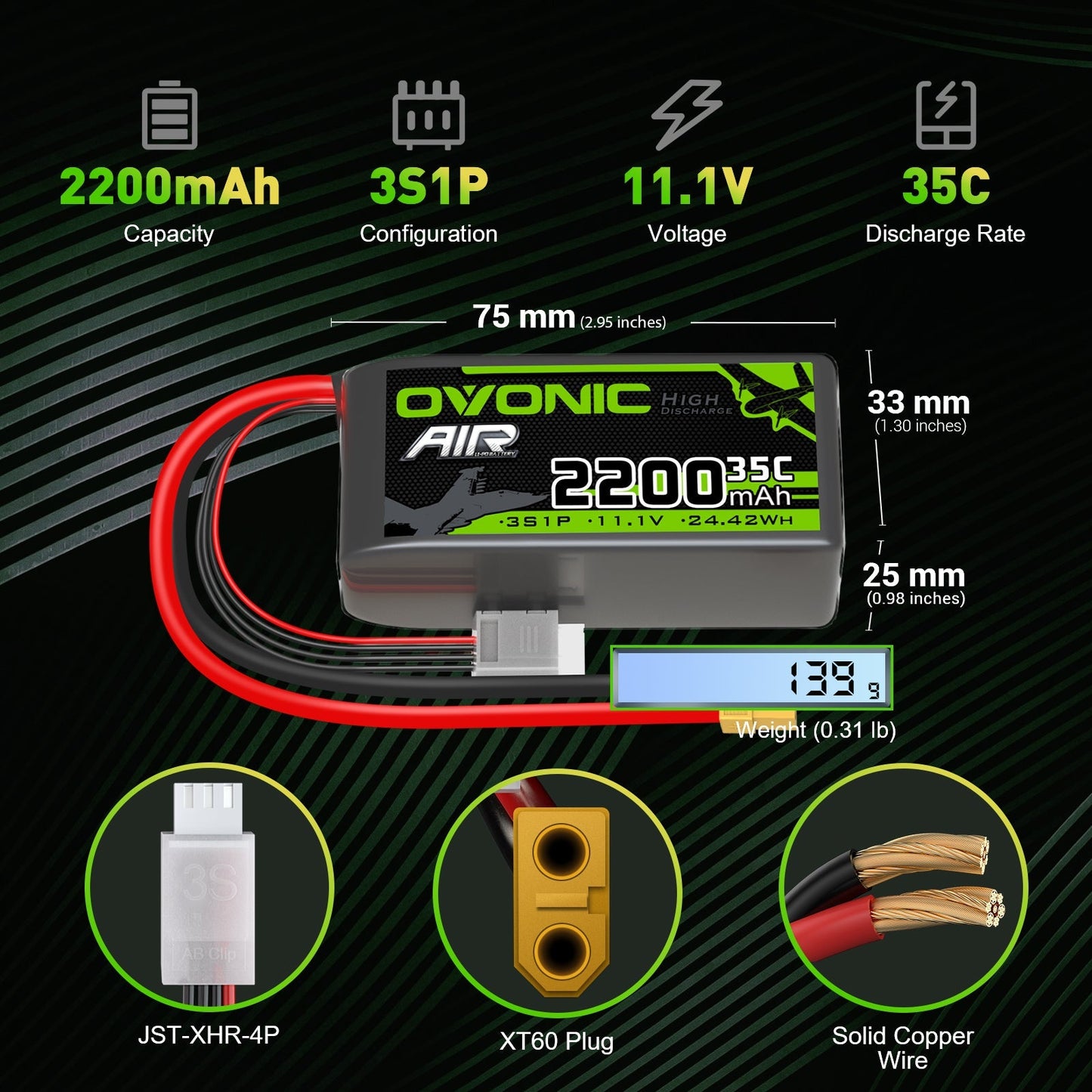 OVONIC 2200mAh 3S 11.1V 35C LiPo battery dimensions 75×33×25mm and 139g, JST-XHR-4P, XT60