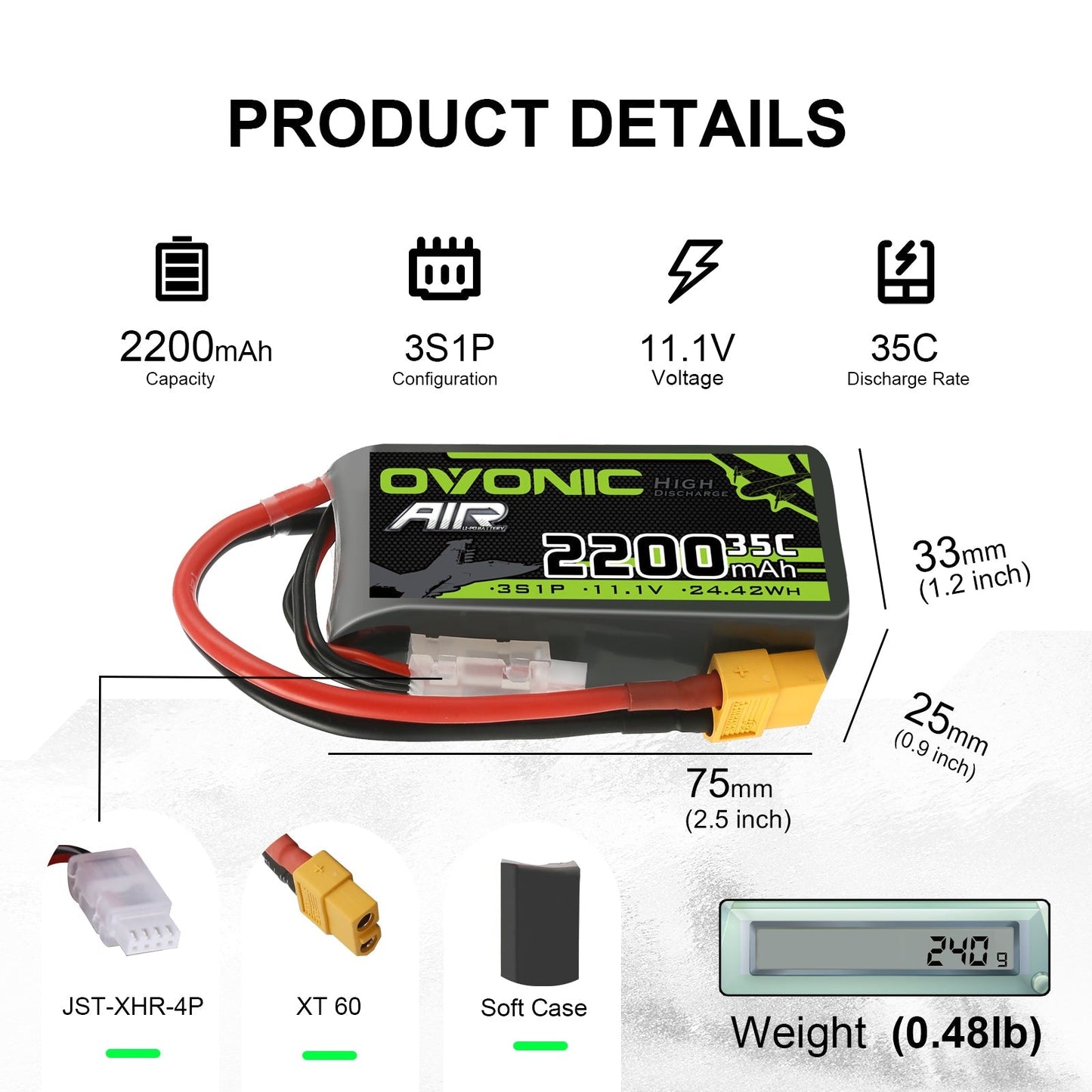 OVONIC AIR 2200mAh 3S1P 11.1V 35C short LiPo battery dimensions and connector type chart