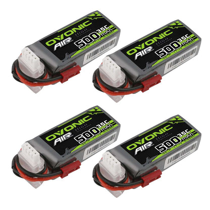 Ovonic 4-Pack 500mAh 11.1V 35C 3S LiPo battery set with JST lead and balance plug, top view