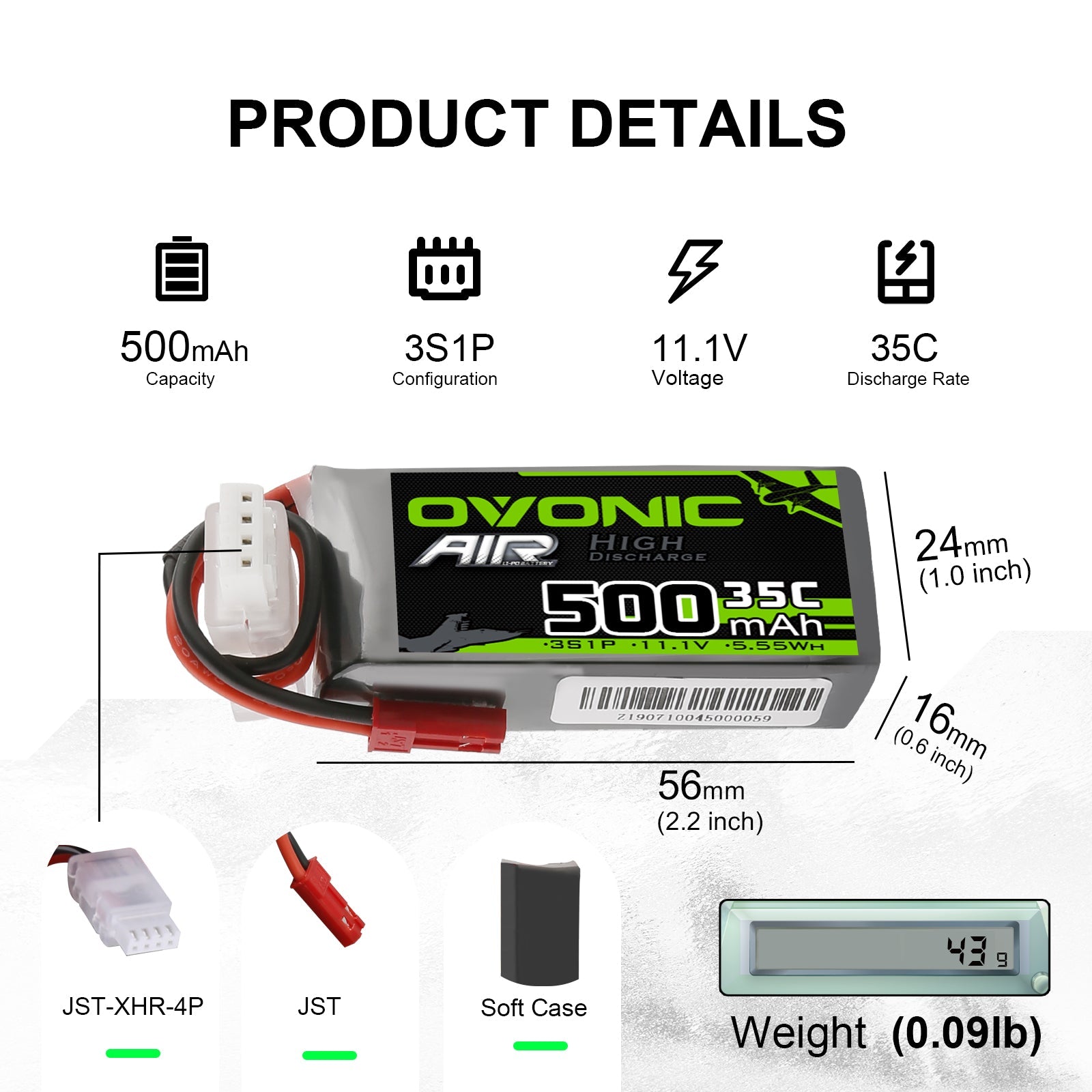 Ovonic 500mAh 3S 11.1V 35C LiPo battery dimensions and connector details (JST-XHR-4P balance, JST)