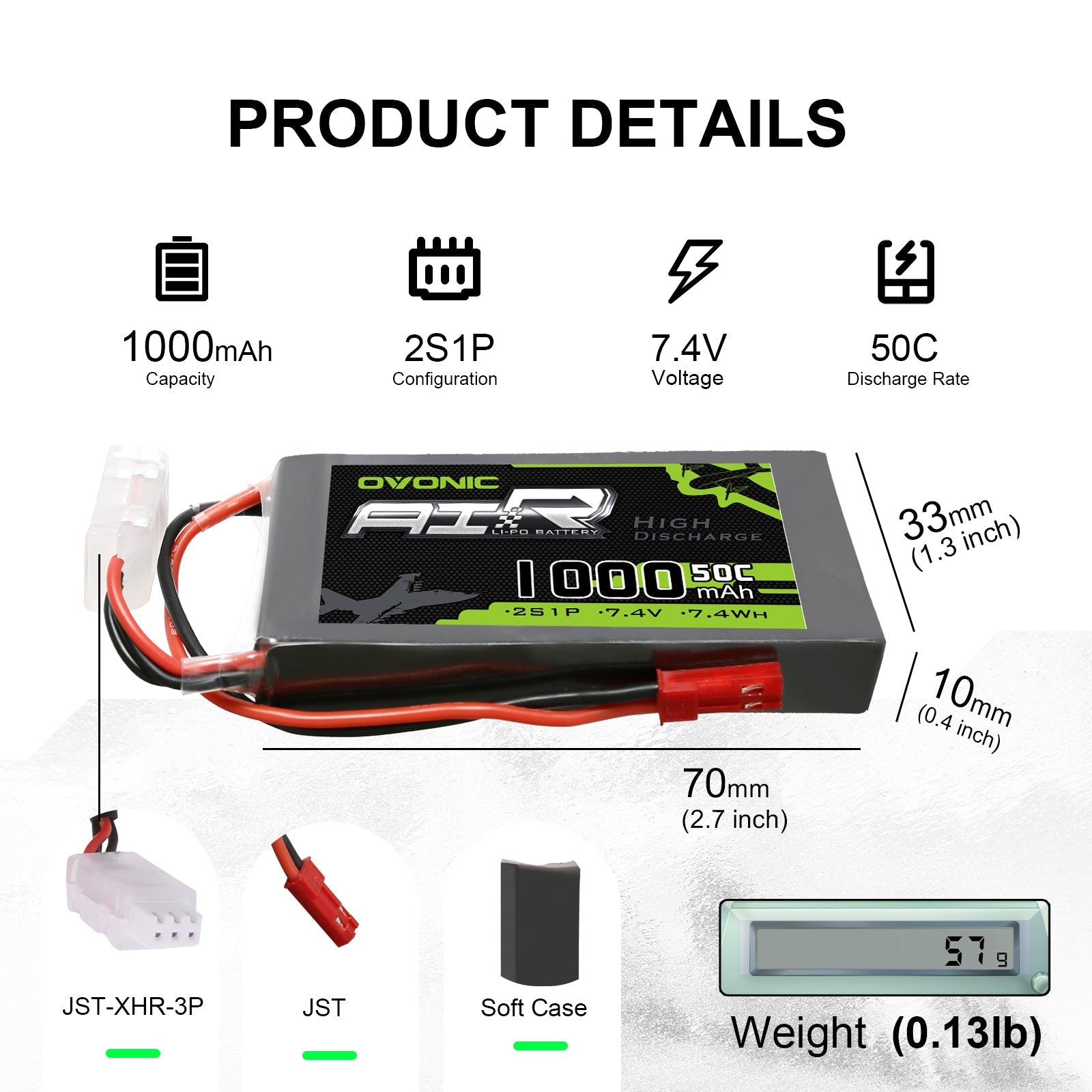 Ovonic AIR 2S 1000mAh 50C 7.4V LiPo battery dimensions, weight, and JST/XHR connector icons