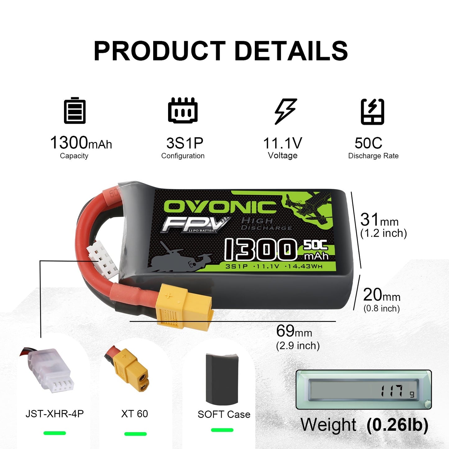 OVONIC 1300mAh 3S1P 11.1V 50C LiPo battery size and weight chart with XT60 and JST-XHR-4P leads