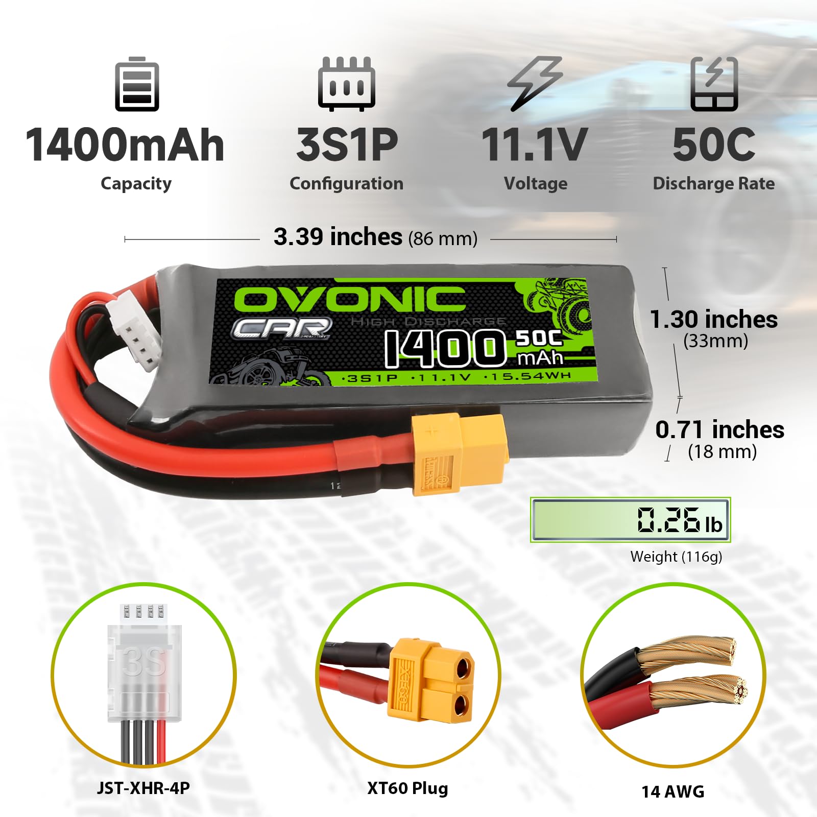 Ovonic 11.1V 1400mAh 50C 3S1P LiPo battery size chart with JST-XHR-4P balance and XT60 plug