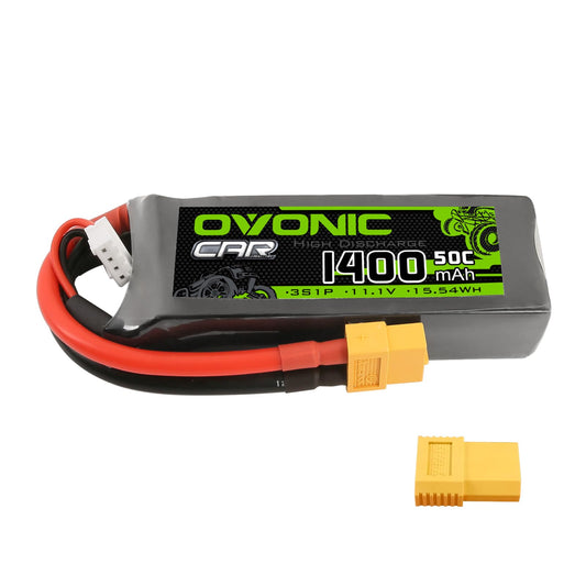 OVONIC 3S 11.1V 1400mAh 50C LiPo battery pack with XT60 lead and balance plug, TRX adapter shown