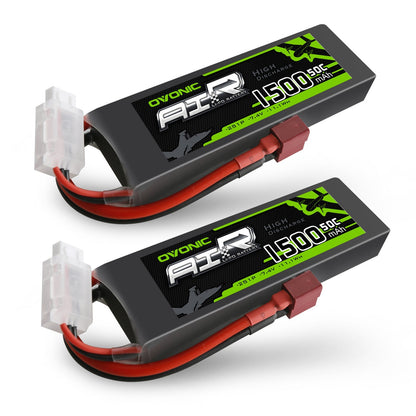 Ovonic 2-Pack 2S 1500mAh 50C 7.4V LiPo batteries with Deans T plug and JST-XHR balance lead