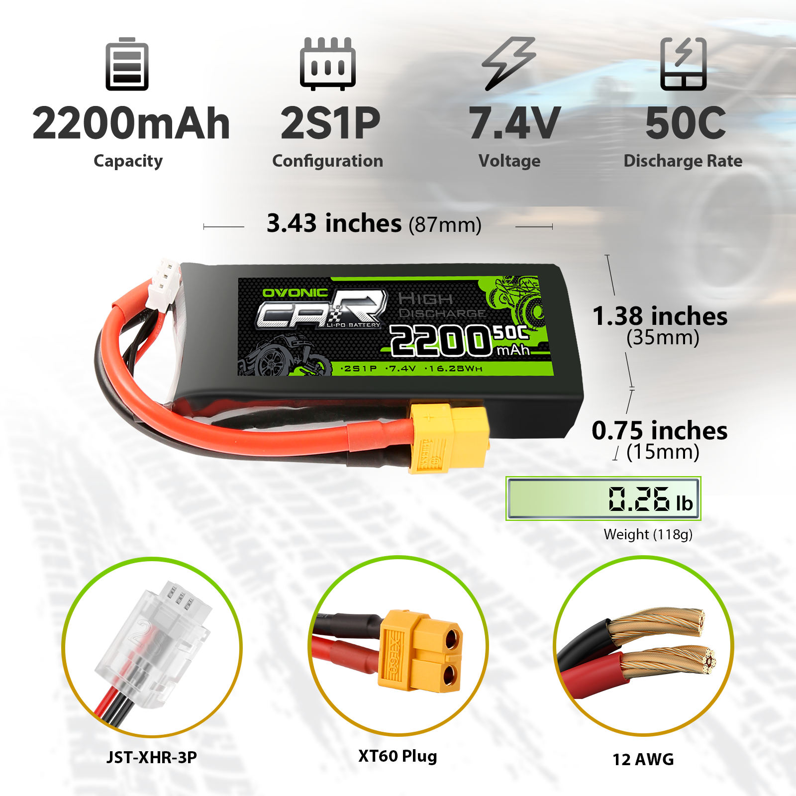 2×OVONIC 7.4V 2200mAh 2S1P 50C Lipo Battery with XT60 & Trx Plug for 1/16 1/18 TRA Cars