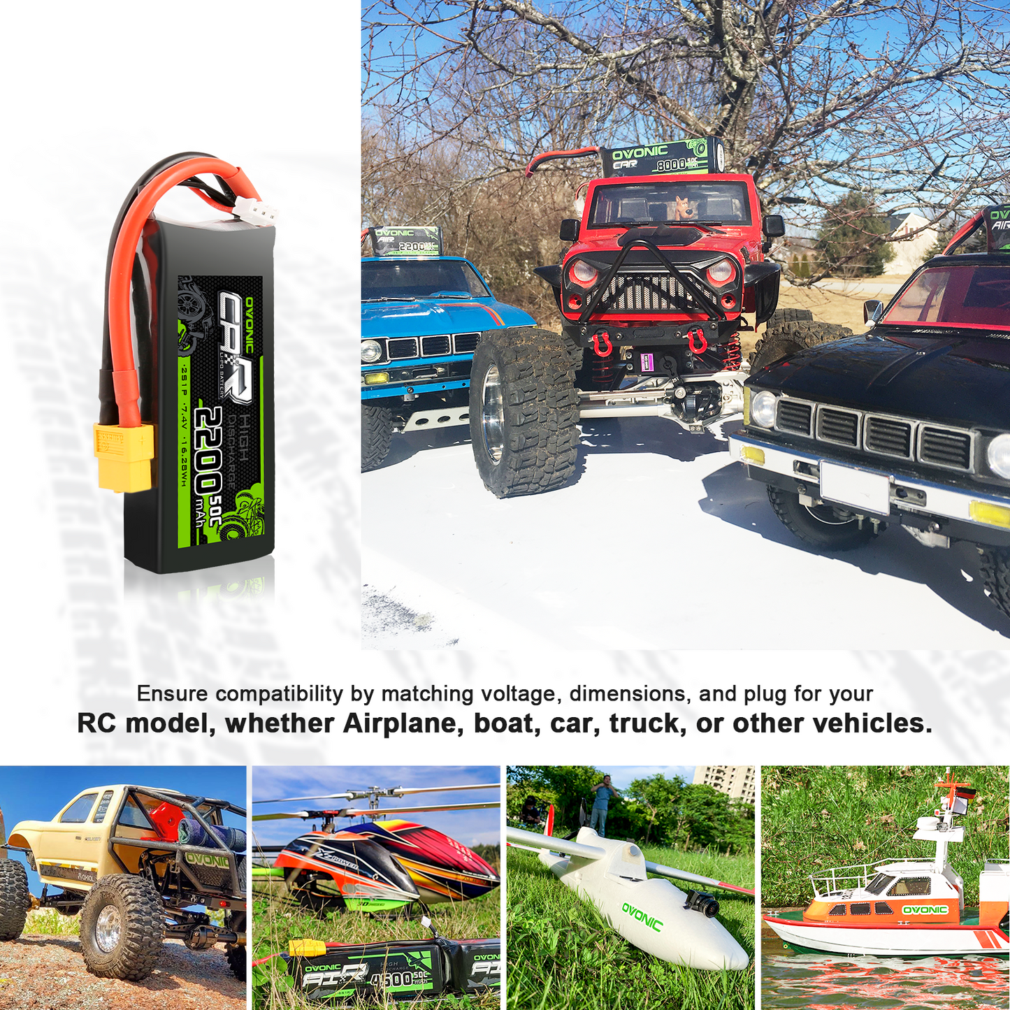 2×OVONIC 7.4V 2200mAh 2S1P 50C Lipo Battery with XT60 & Trx Plug for 1/16 1/18 TRA Cars