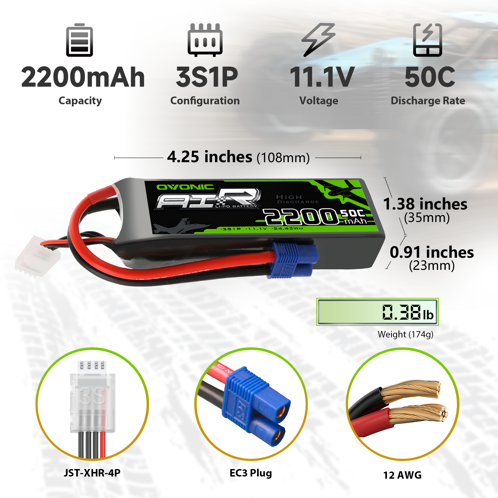 Ovonic 2200mAh 3S 11.1V 50C LiPo Battery size and specs graphic with dimensions, weight, EC3 plug, 12AWG