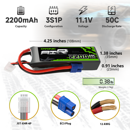 Ovonic 2200mAh 3S 11.1V 50C LiPo Battery size and specs graphic with dimensions, weight, EC3 plug, 12AWG