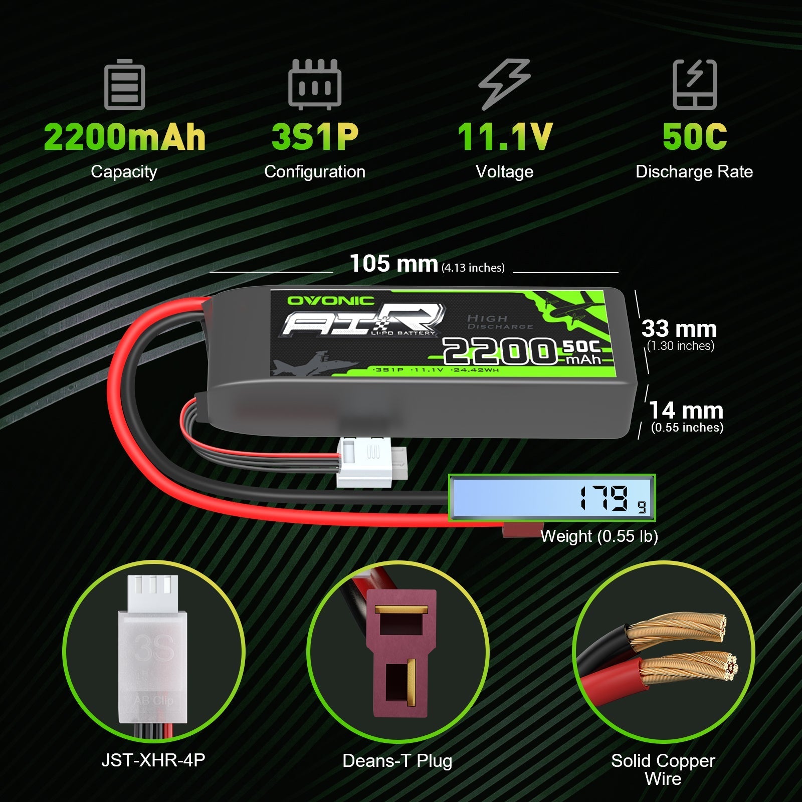 OVONIC 3S 2200mAh 11.1V 50C LiPo battery size and weight chart with JST-XHR-4P and Deans-T plug