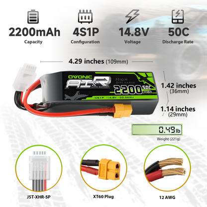 OVONIC 2200mAh 4S 14.8V 50C LiPo battery specs infographic with dimensions, weight, XT60 and 12AWG wire