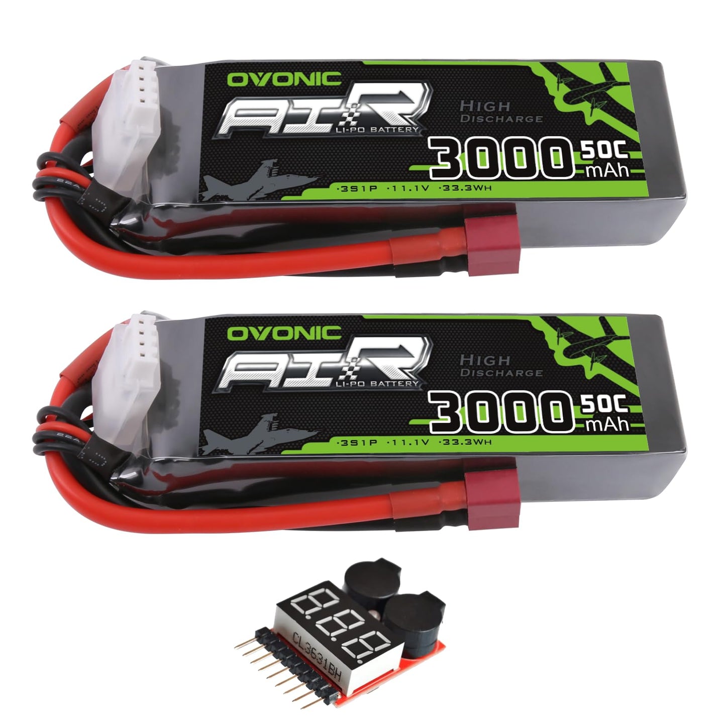 OVONIC 3S 3000mAh 11.1V 50C LiPo Battery 2-pack with T plug leads and voltage checker