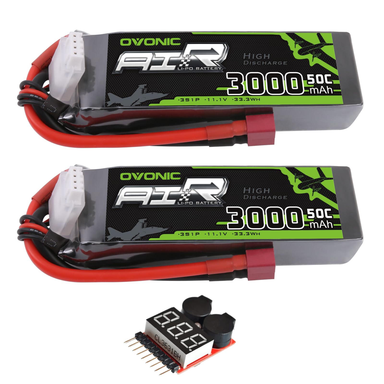 OVONIC 3S 3000mAh 11.1V 50C LiPo Battery 2-pack with T plug leads and voltage checker