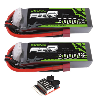 OVONIC 3S 3000mAh 11.1V 50C LiPo Battery 2-pack with T plug leads and voltage checker