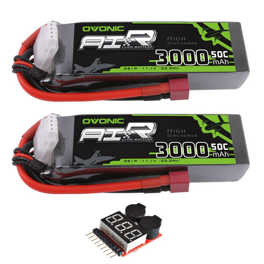 OVONIC 3S 3000mAh 11.1V 50C LiPo Battery 2-pack with T plug leads and voltage checker