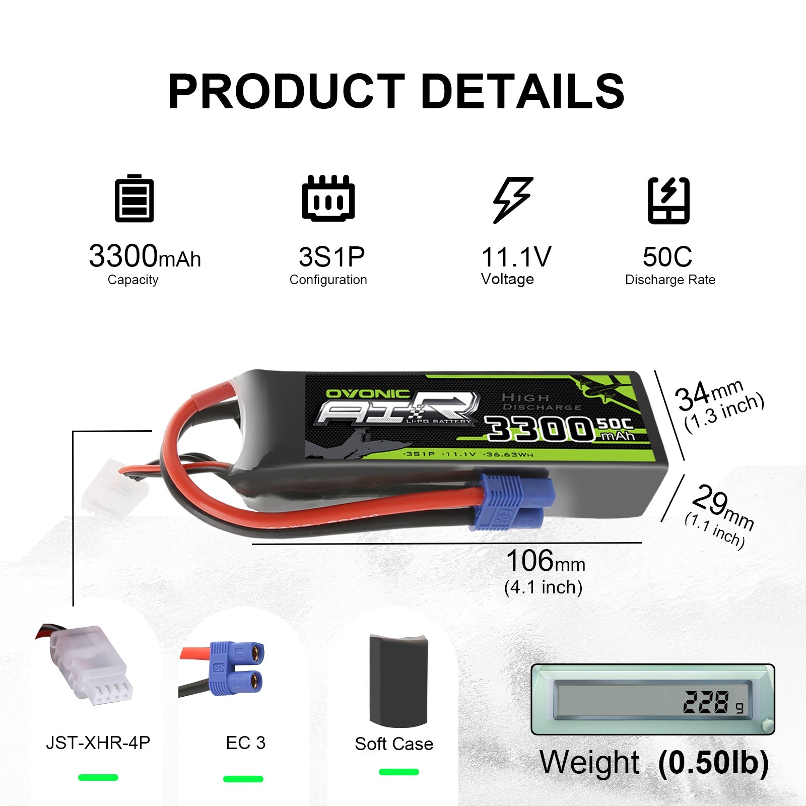 Ovonic 3300mAh 3S 11.1V 50C LiPo battery product details graphic with dimensions, weight, EC3 and JST-XHR-4P