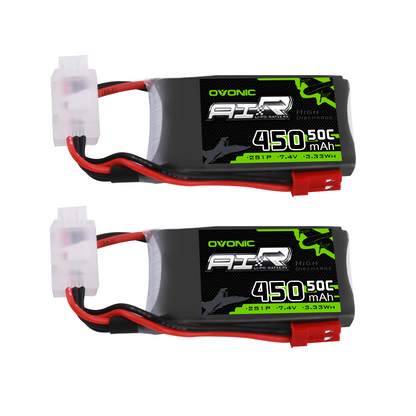 OVONIC 2S 7.4V 450mAh 50C LiPo battery 2-pack with JST-SYP-2P plug and JST-XHR-3P balance lead