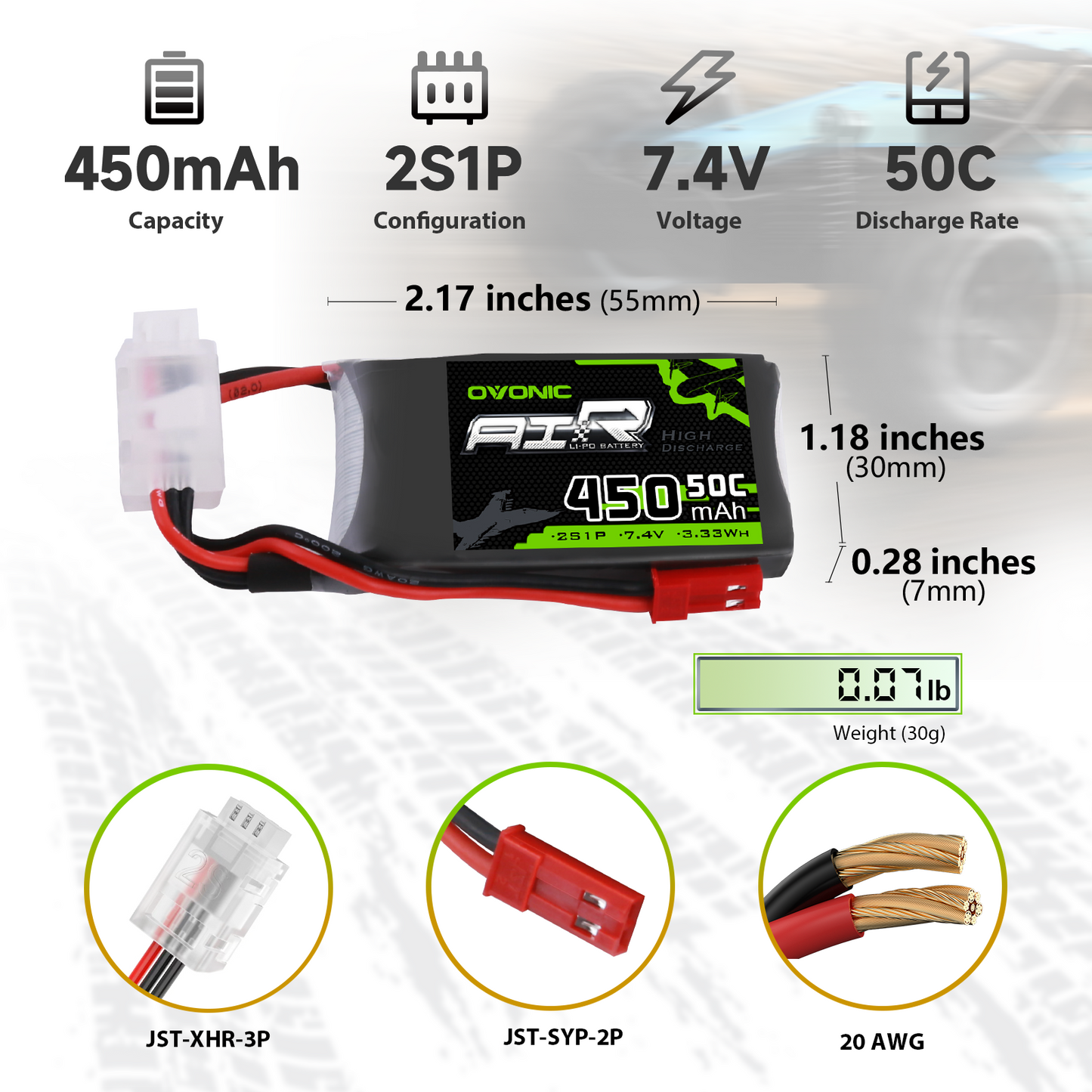 OVONIC 2S 7.4V 450mAh 50C LiPo battery size and weight chart with 55×30×7mm dimensions and connectors