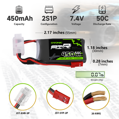 OVONIC 2S 7.4V 450mAh 50C LiPo battery size and weight chart with 55×30×7mm dimensions and connectors