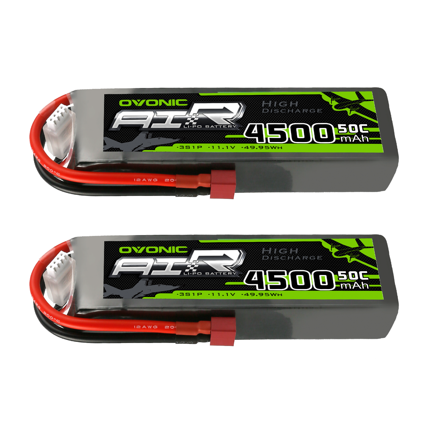 2-Pack OVONIC 3S 11.1V 4500mAh 50C LiPo batteries with T plug and balance lead