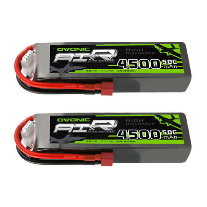 2-Pack OVONIC 3S 11.1V 4500mAh 50C LiPo batteries with T plug and balance lead