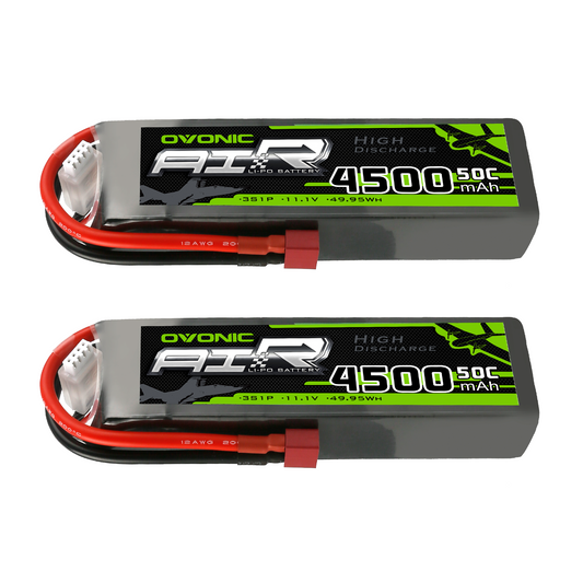2-Pack OVONIC 3S 11.1V 4500mAh 50C LiPo batteries with T plug and balance lead